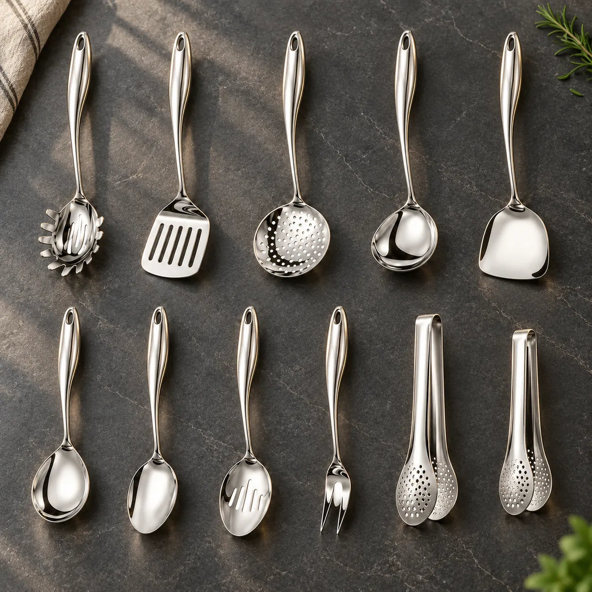 Stainless Steel Kitchen Utensil Set with Curved Handles