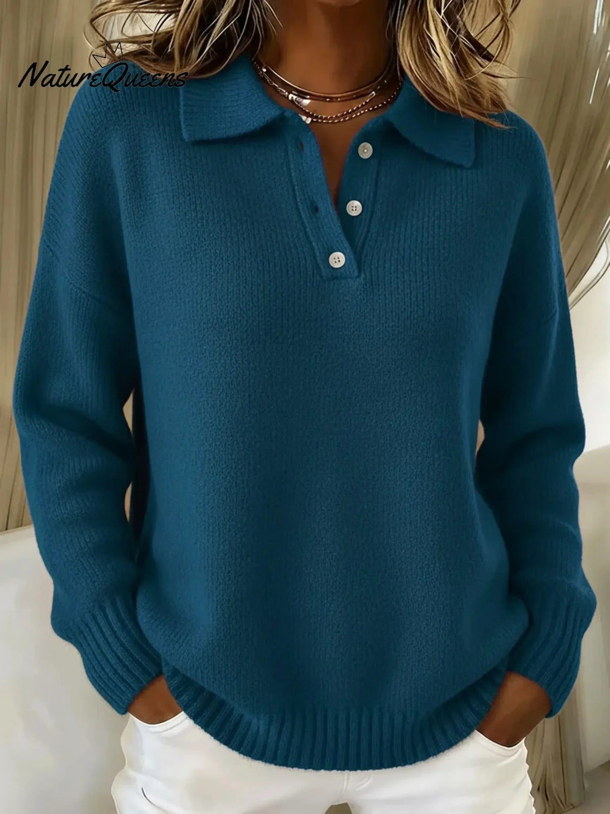 Unisex Long Sleeve Polo Collar Knit Sweater