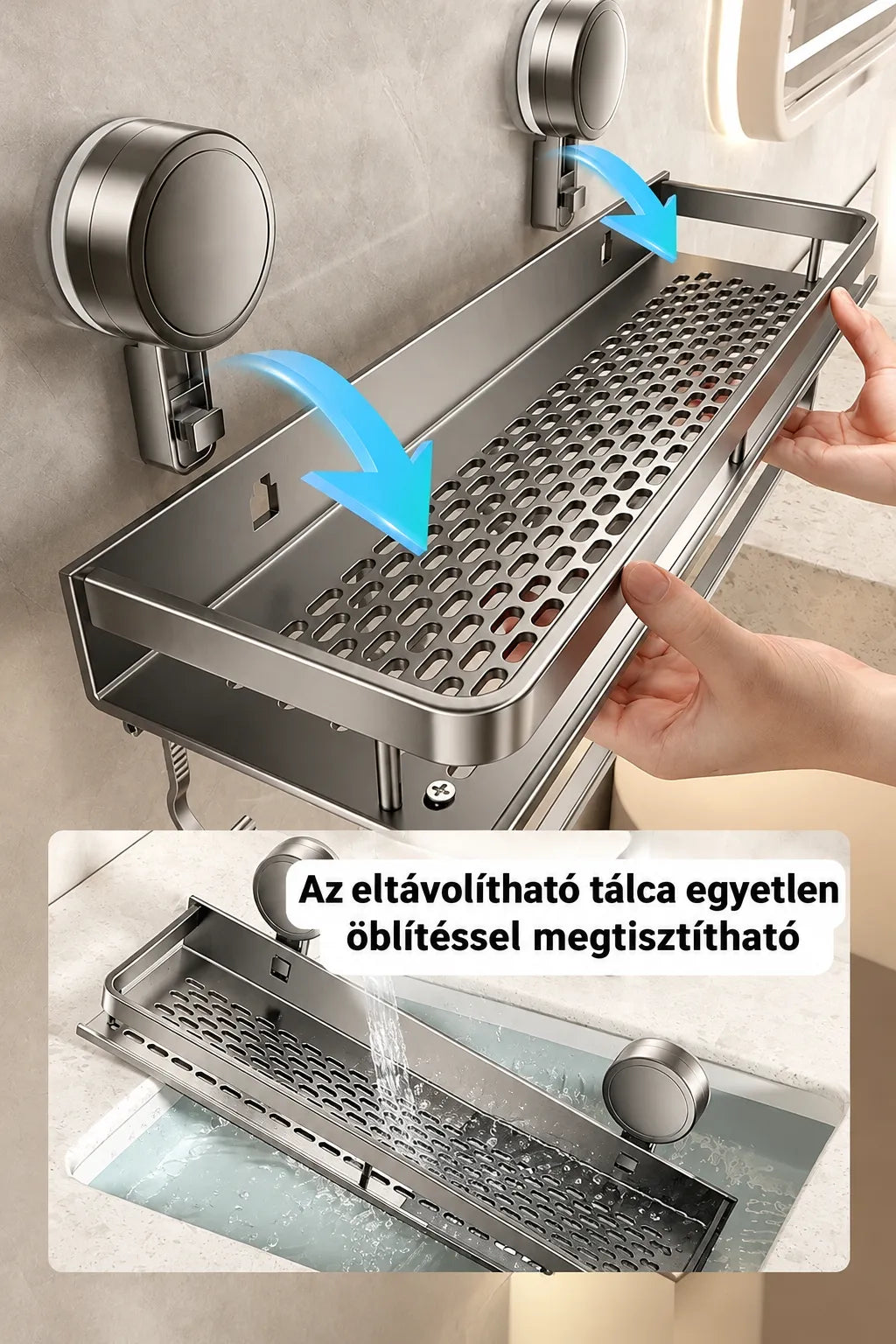 Wall-Mounted Bathroom Shelf with Suction Cups and Drainage