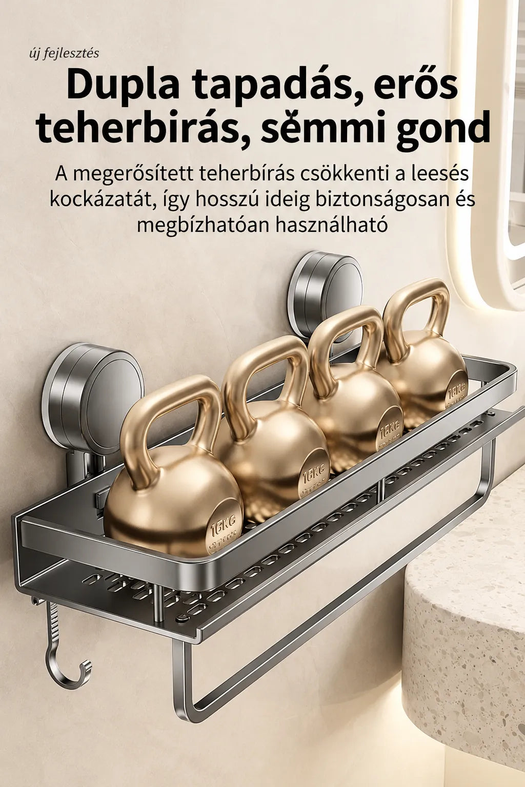 Wall-Mounted Bathroom Shelf with Suction Cups and Drainage
