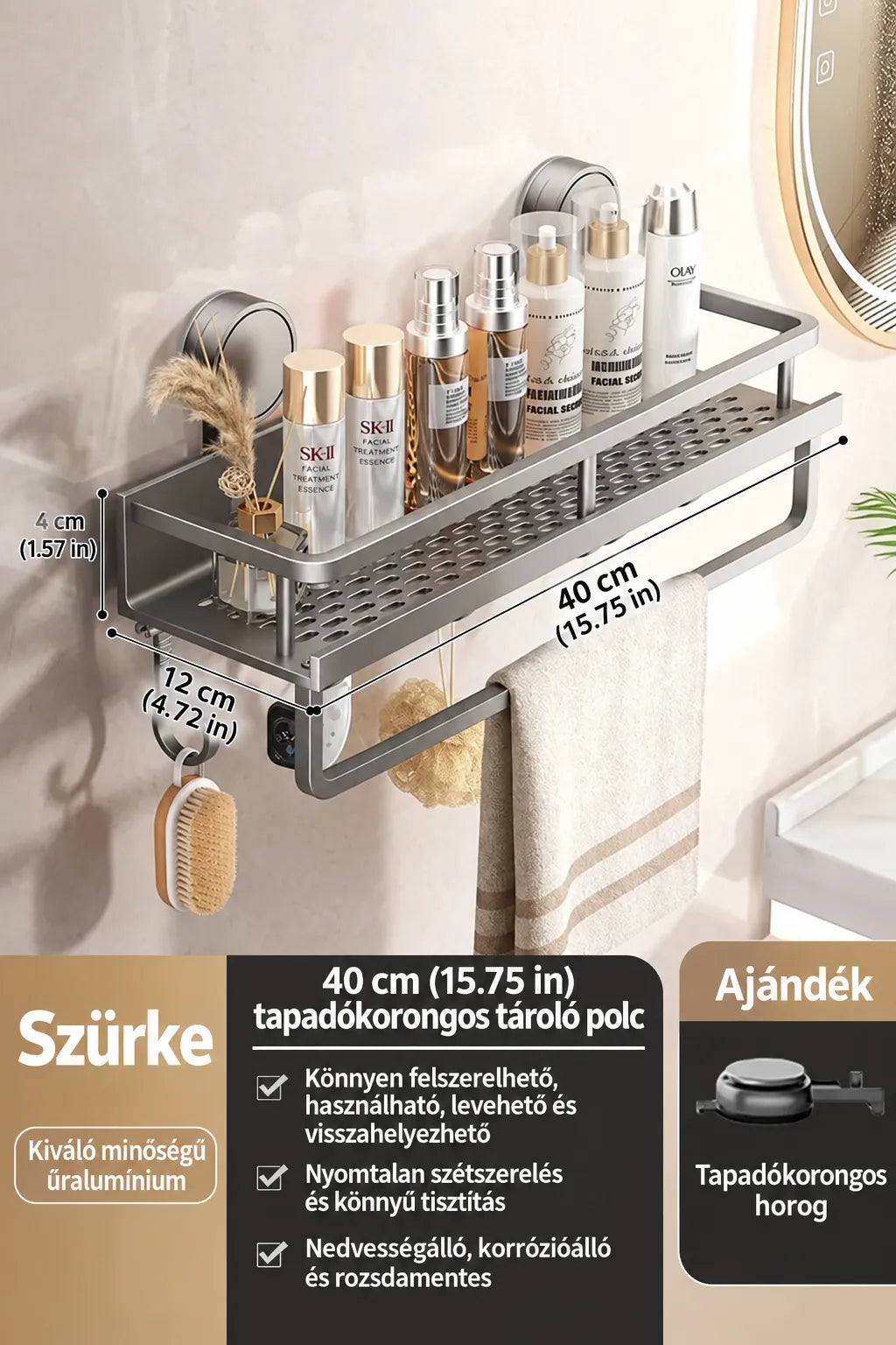 Wall-Mounted Bathroom Shelf with Suction Cups and Drainage
