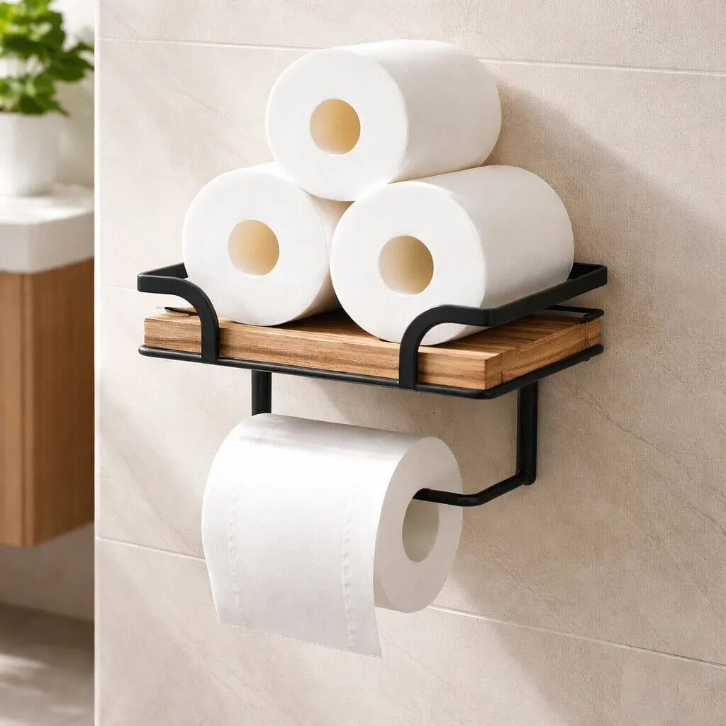 Wall-Mounted Toilet Paper Holder with Storage Shelf
