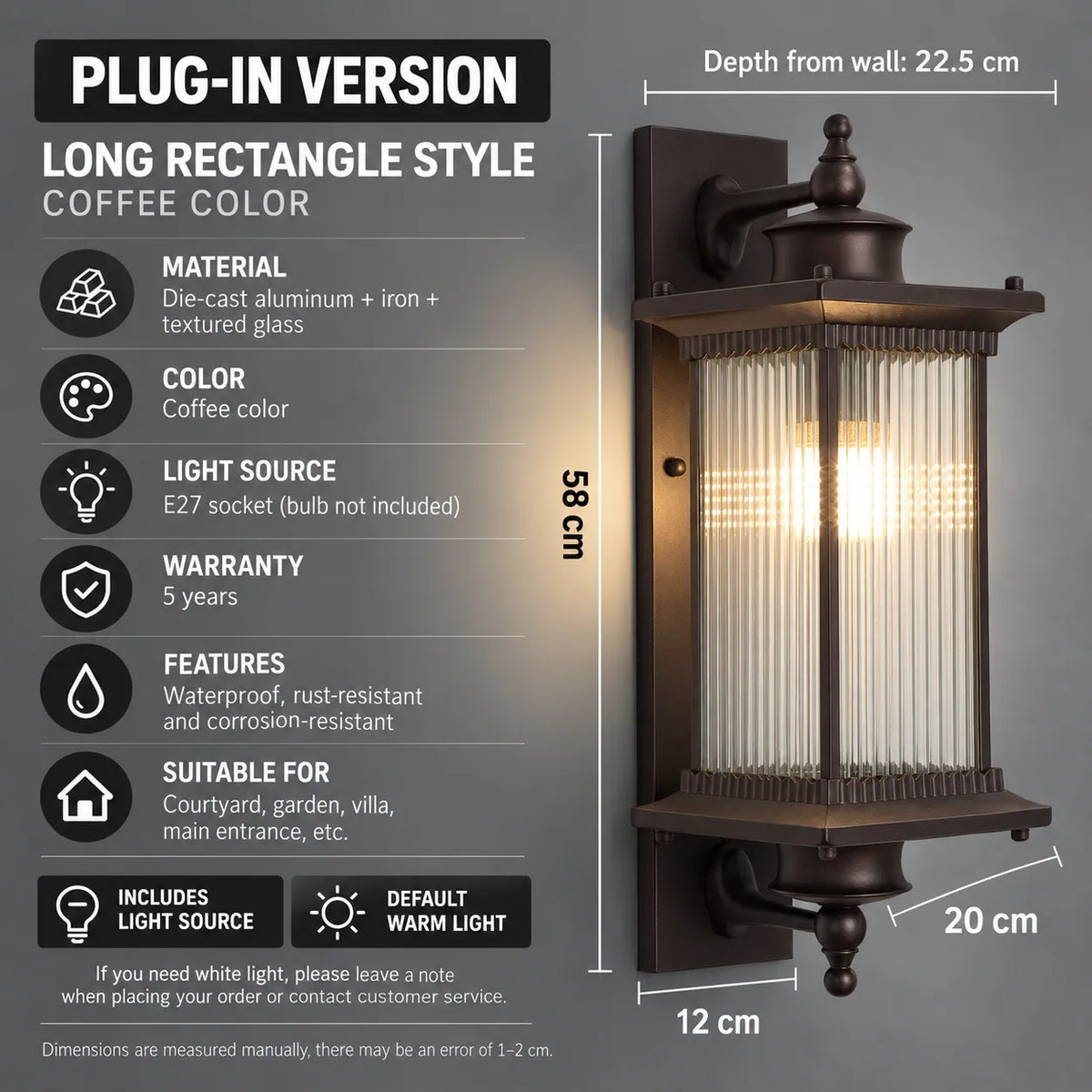 Weatherproof Ribbed Glass Outdoor Wall Light with Metal Frame