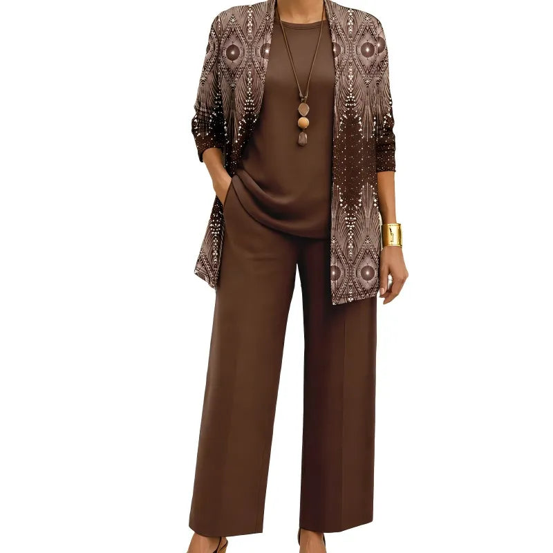 Women's 3-Piece Outfit Set with Patterned Cardigan