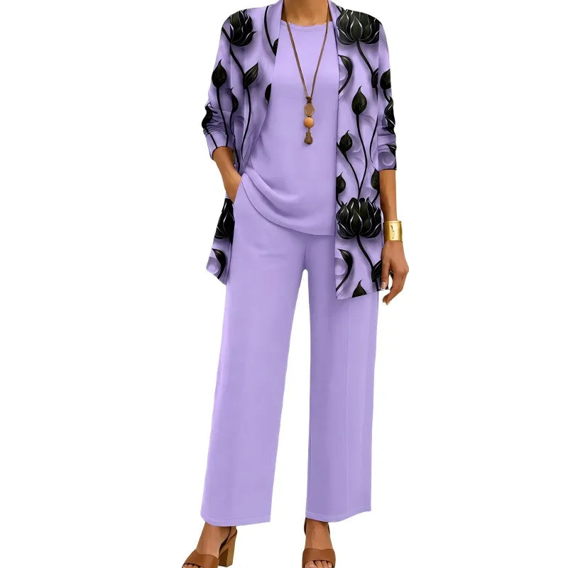 Women's 3-Piece Outfit Set with Patterned Cardigan
