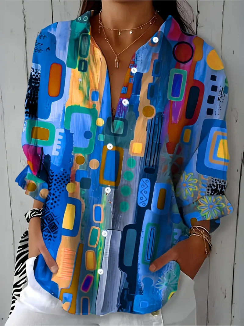 Women's Artistic Print Button-Up Blouse with Relaxed Fit