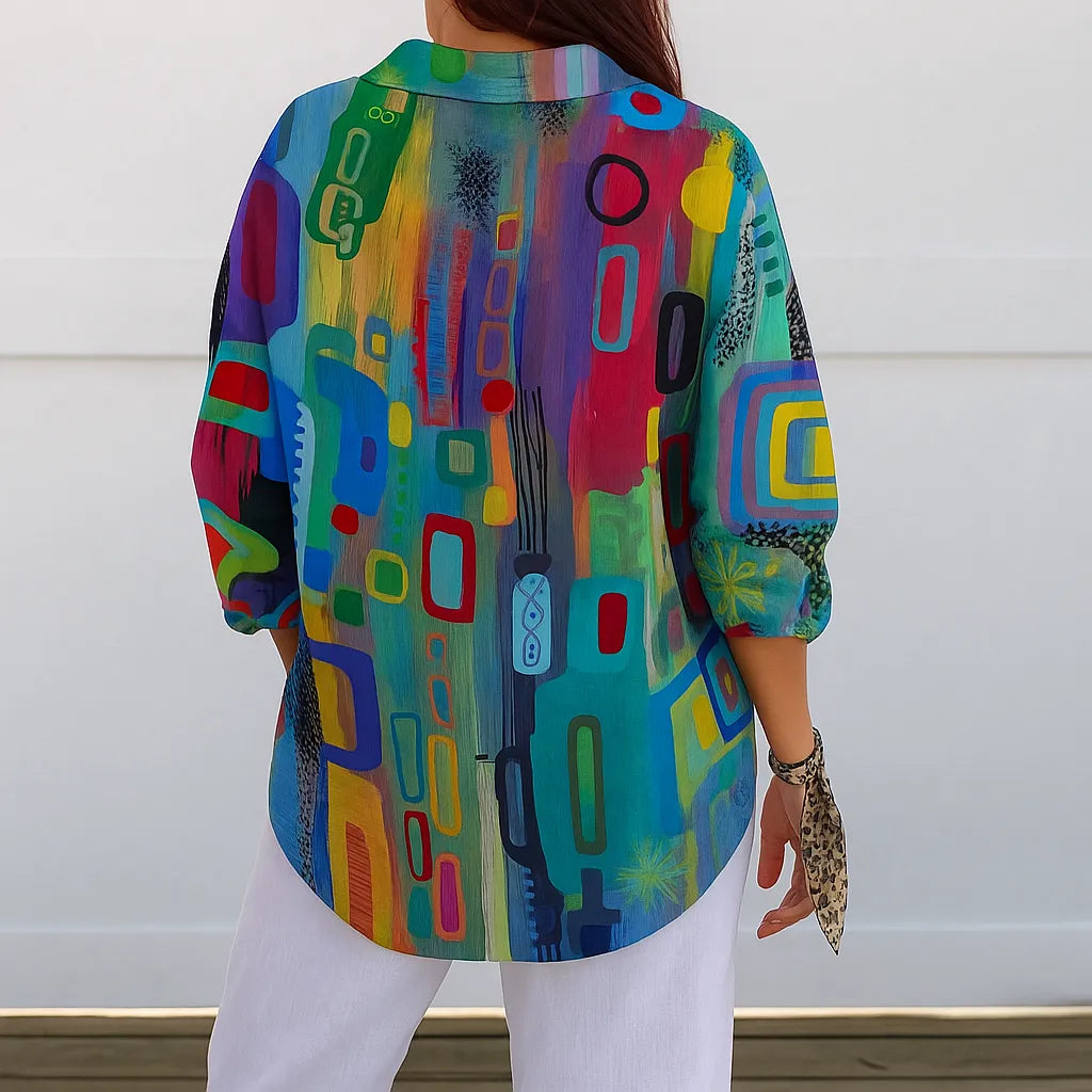 Women's Artistic Print Button-Up Blouse with Relaxed Fit