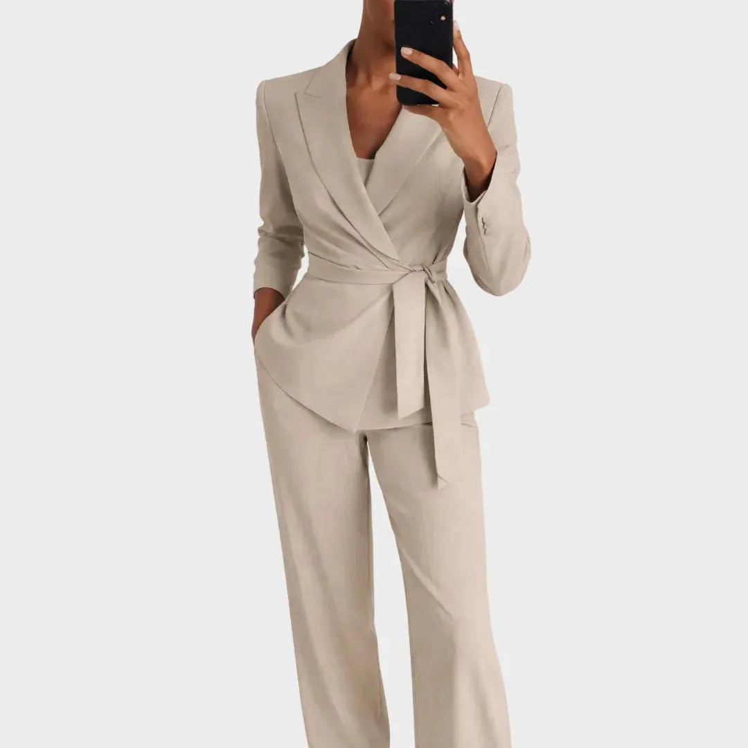 Women's Blazer and Trousers Two-Piece Set with Tie Belt