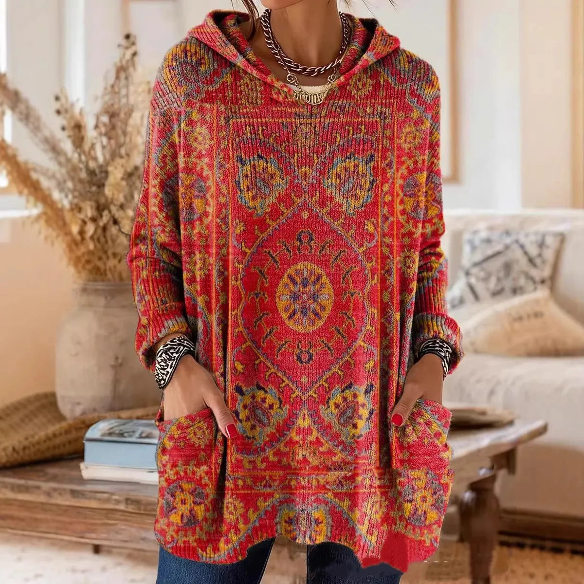 Women's Bohemian Pattern Hooded Tunic Top with Long Sleeves