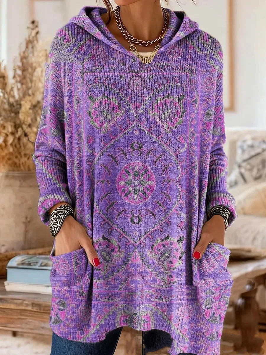 Women's Bohemian Pattern Hooded Tunic Top with Long Sleeves