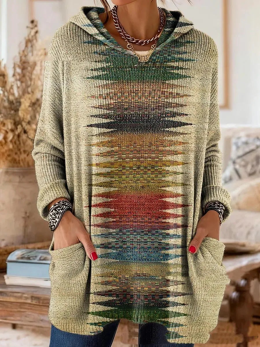 Women's Bohemian Pattern Hooded Tunic Top with Long Sleeves
