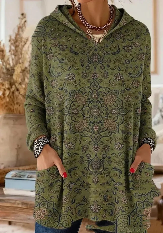 Women's Bohemian Pattern Hooded Tunic Top with Long Sleeves