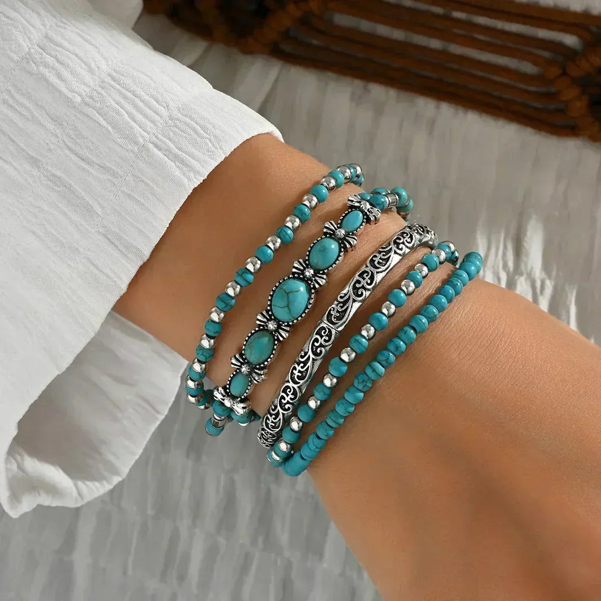 Women's Bohemian Turquoise Bead Bracelet Set with Elastic Band