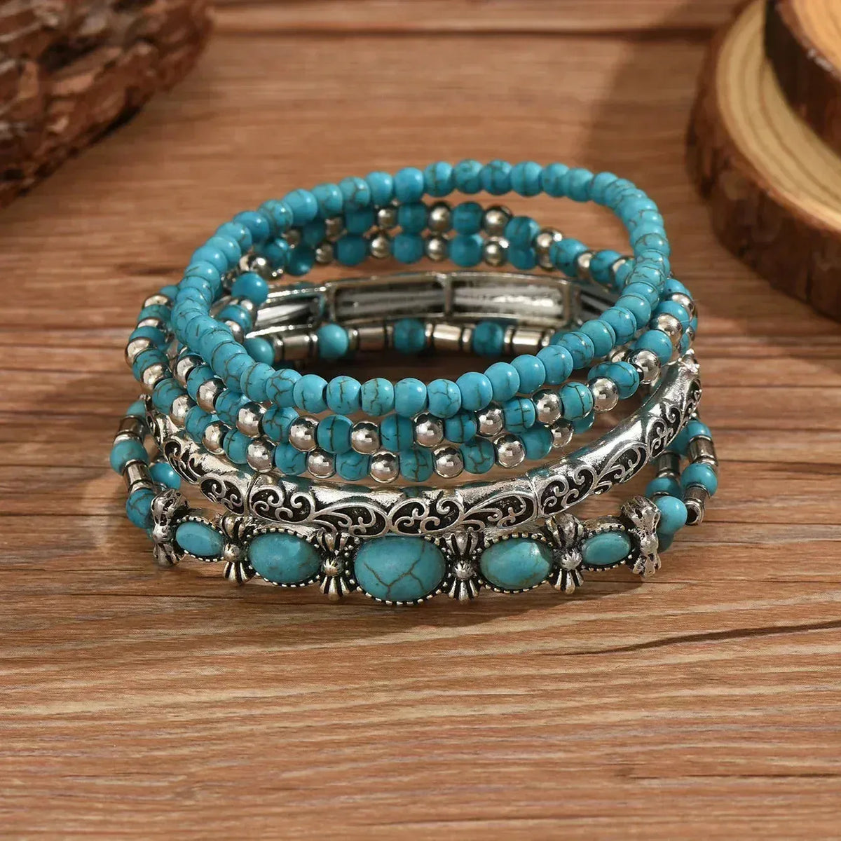 Women's Bohemian Turquoise Bead Bracelet Set with Elastic Band