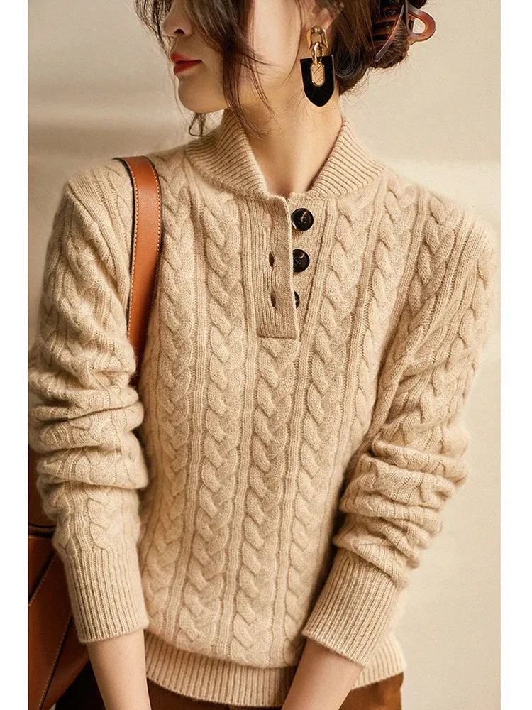 Women's Button-Neck Cable-Knit Sweater with Stand Collar