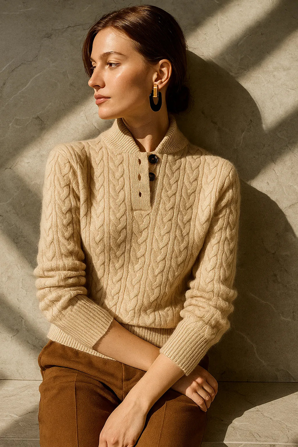 Women's Button-Neck Cable-Knit Sweater with Stand Collar