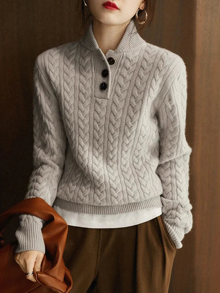 Women's Button-Neck Cable-Knit Sweater with Stand Collar