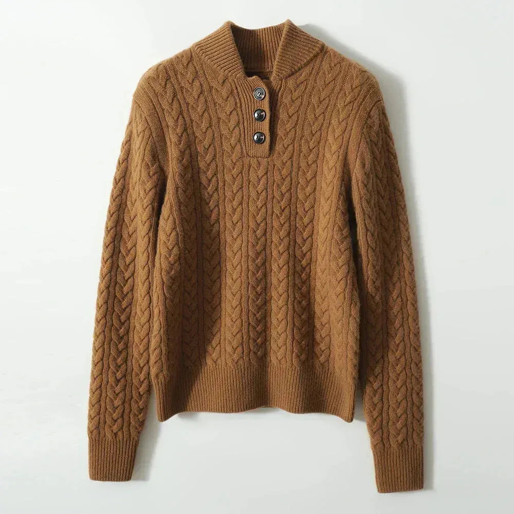 Women's Button-Neck Cable-Knit Sweater with Stand Collar