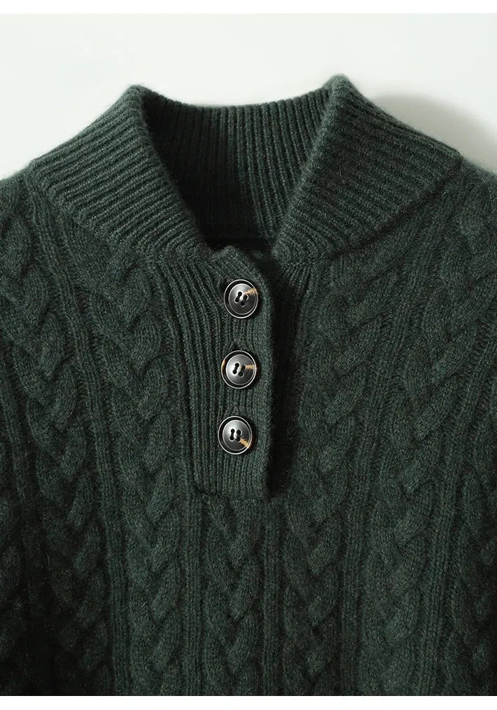 Women's Button-Neck Cable-Knit Sweater with Stand Collar