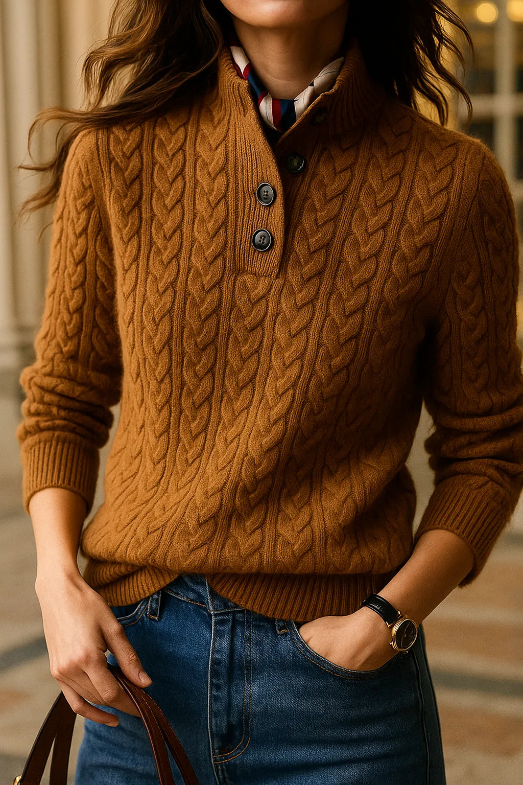 Women's Button-Neck Cable-Knit Sweater with Stand Collar