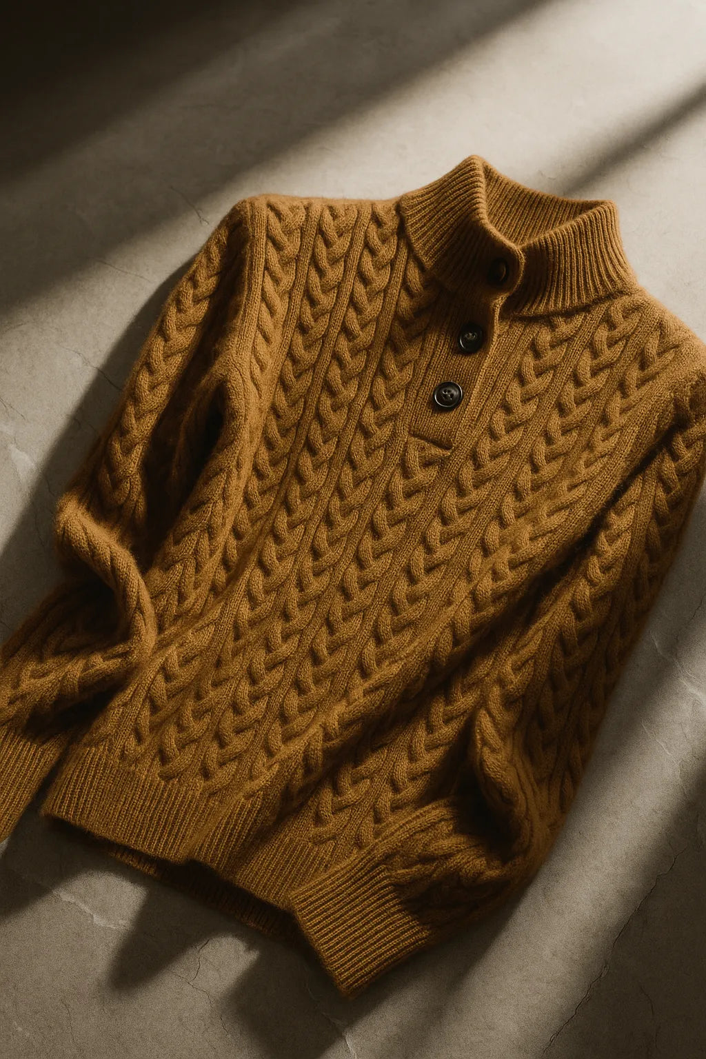 Women's Button-Neck Cable-Knit Sweater with Stand Collar