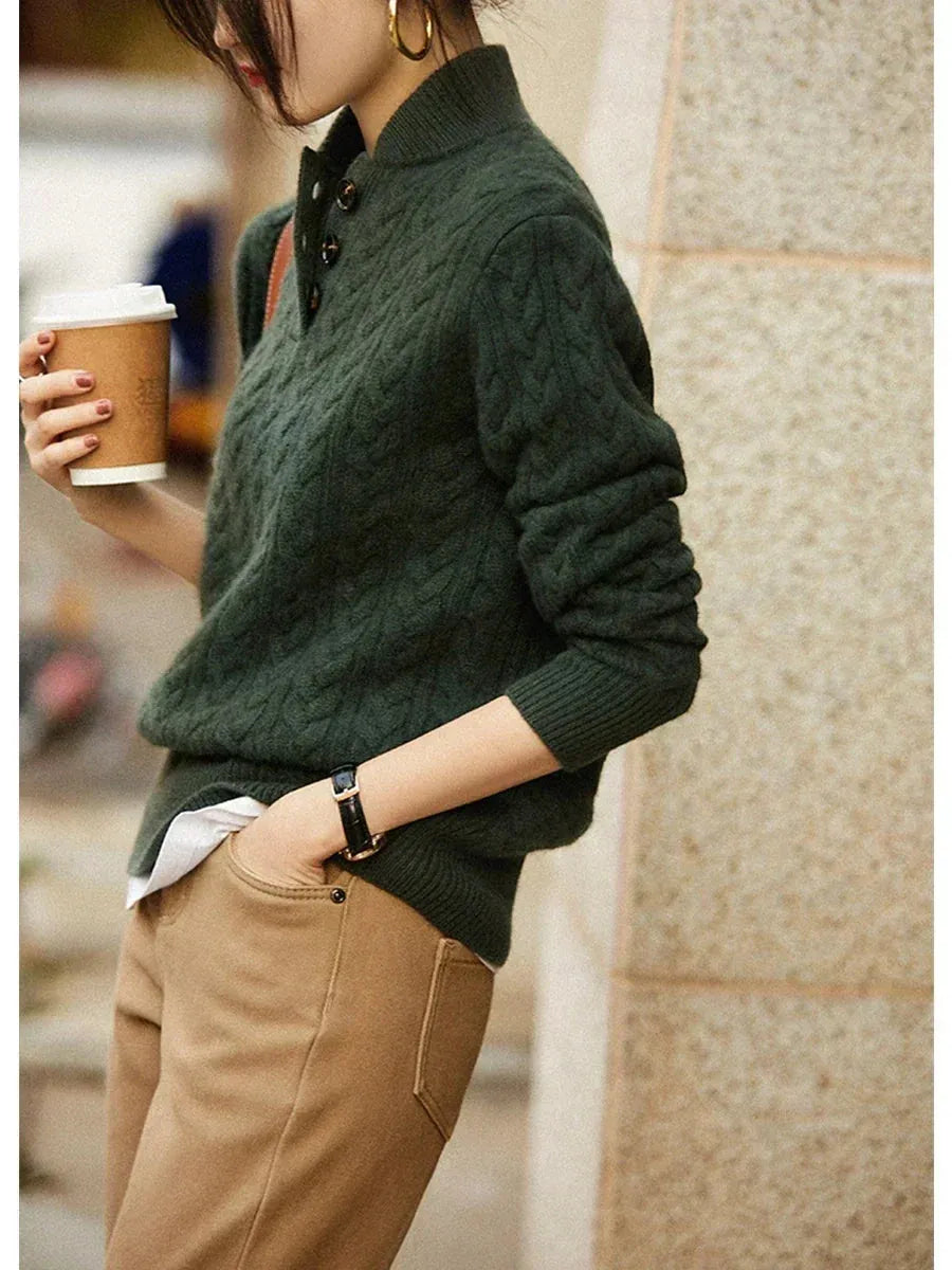 Women's Button-Neck Cable-Knit Sweater with Stand Collar