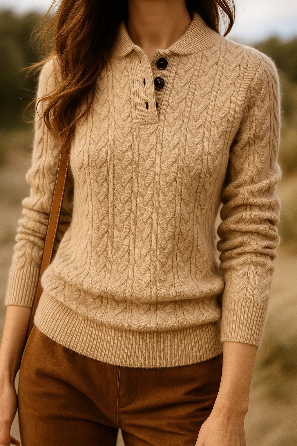Women's Button-Neck Cable-Knit Sweater with Stand Collar