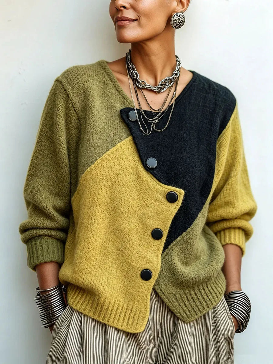 Women's Color Block Knit Sweater with Asymmetrical Buttons