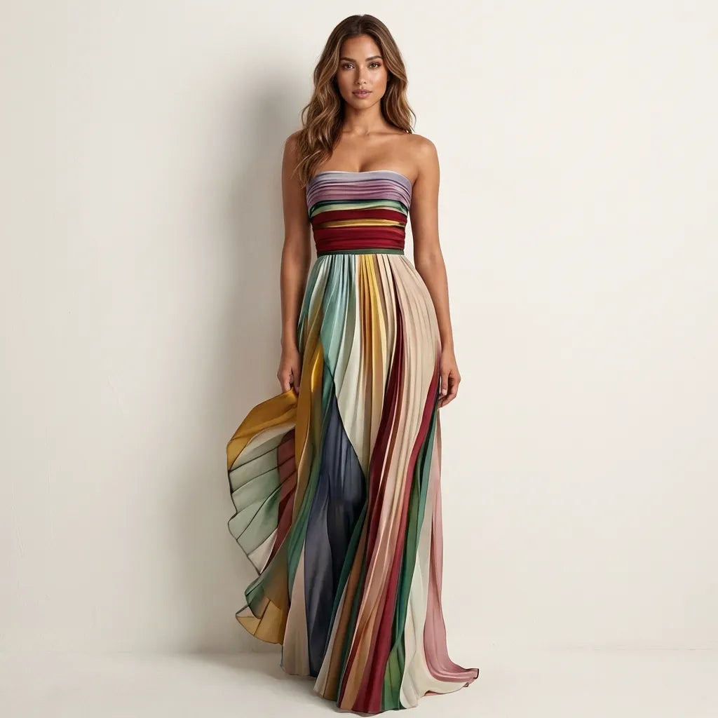 Women's Colorful Pleated Maxi Dress in Beige