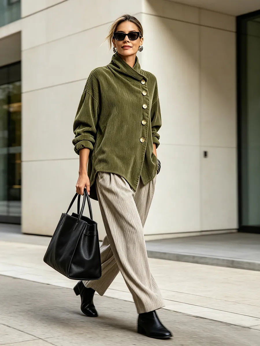 Women's Corduroy Sweater with Decorative Buttons and Round Neck