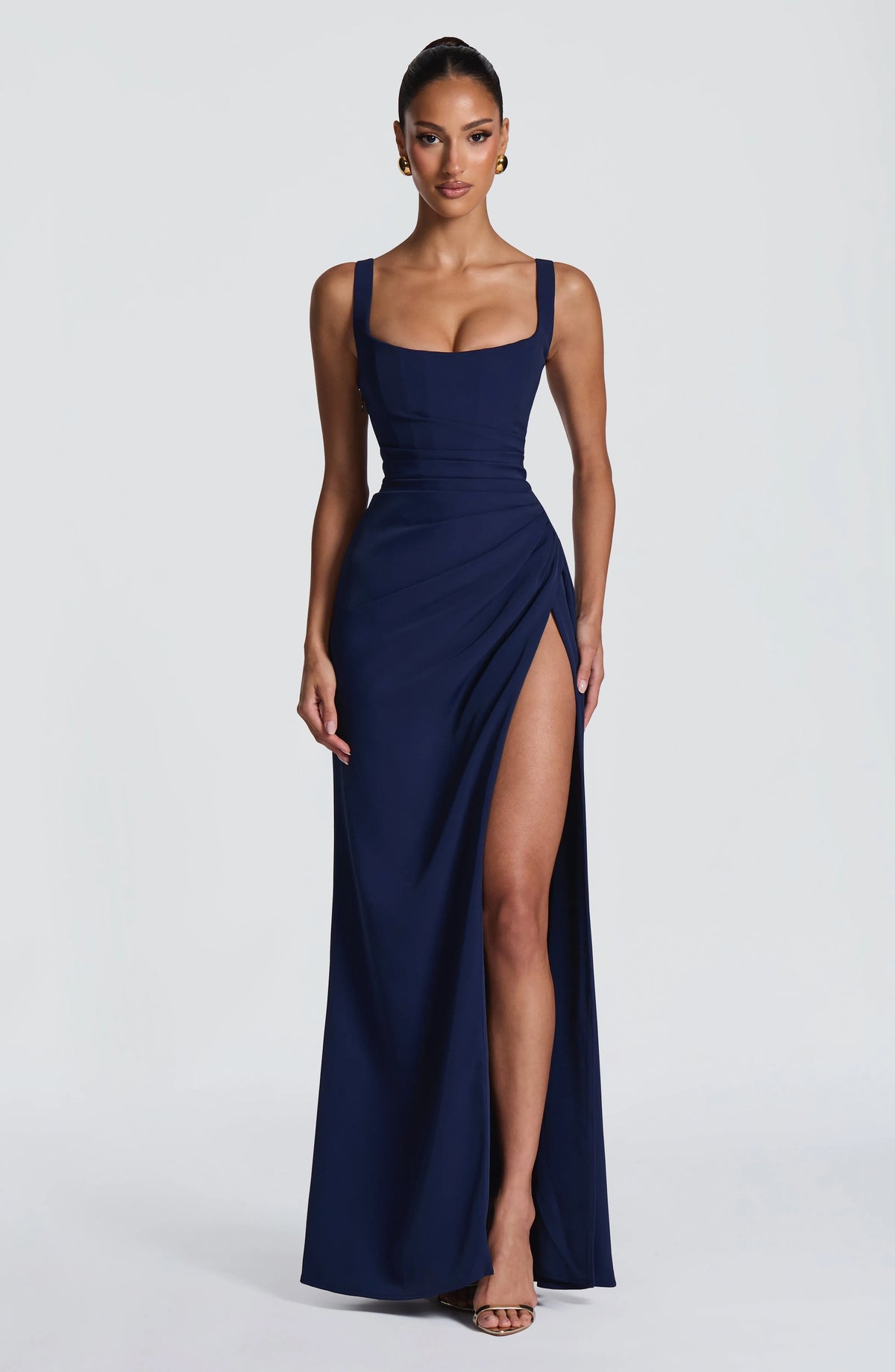 Women's Corset Draped Twill Maxi Dress with High Slit