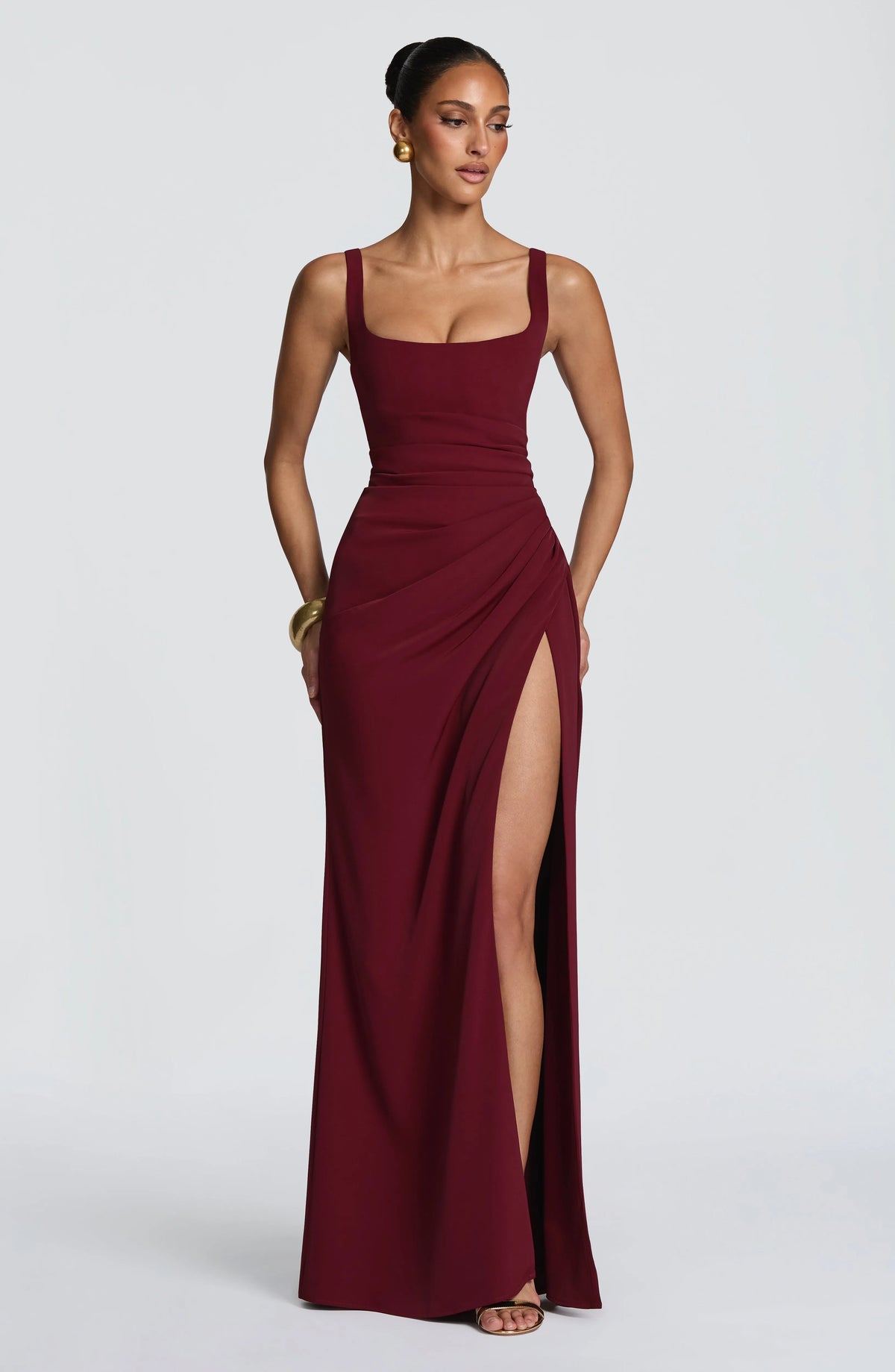 Women's Corset Draped Twill Maxi Dress with High Slit
