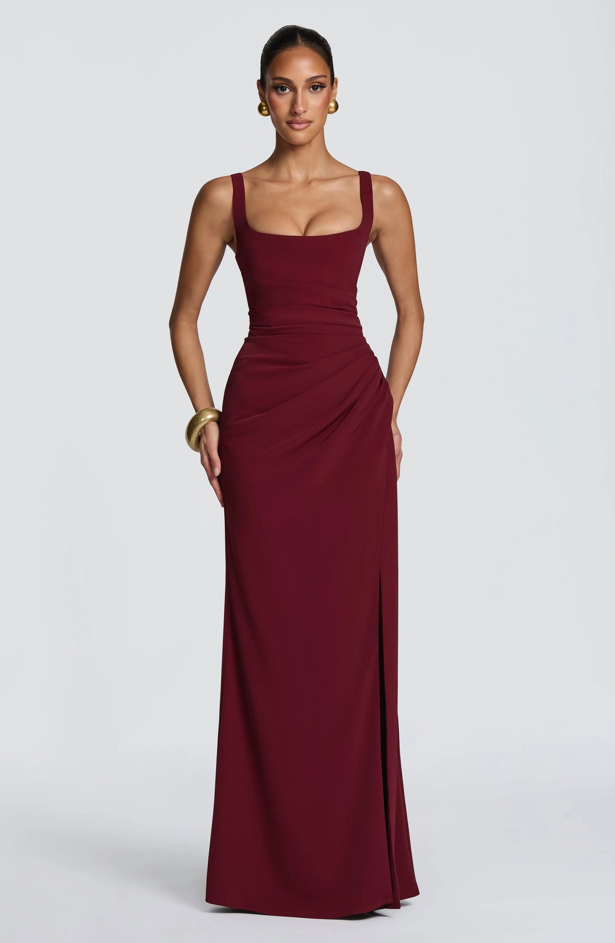Women's Corset Draped Twill Maxi Dress with High Slit