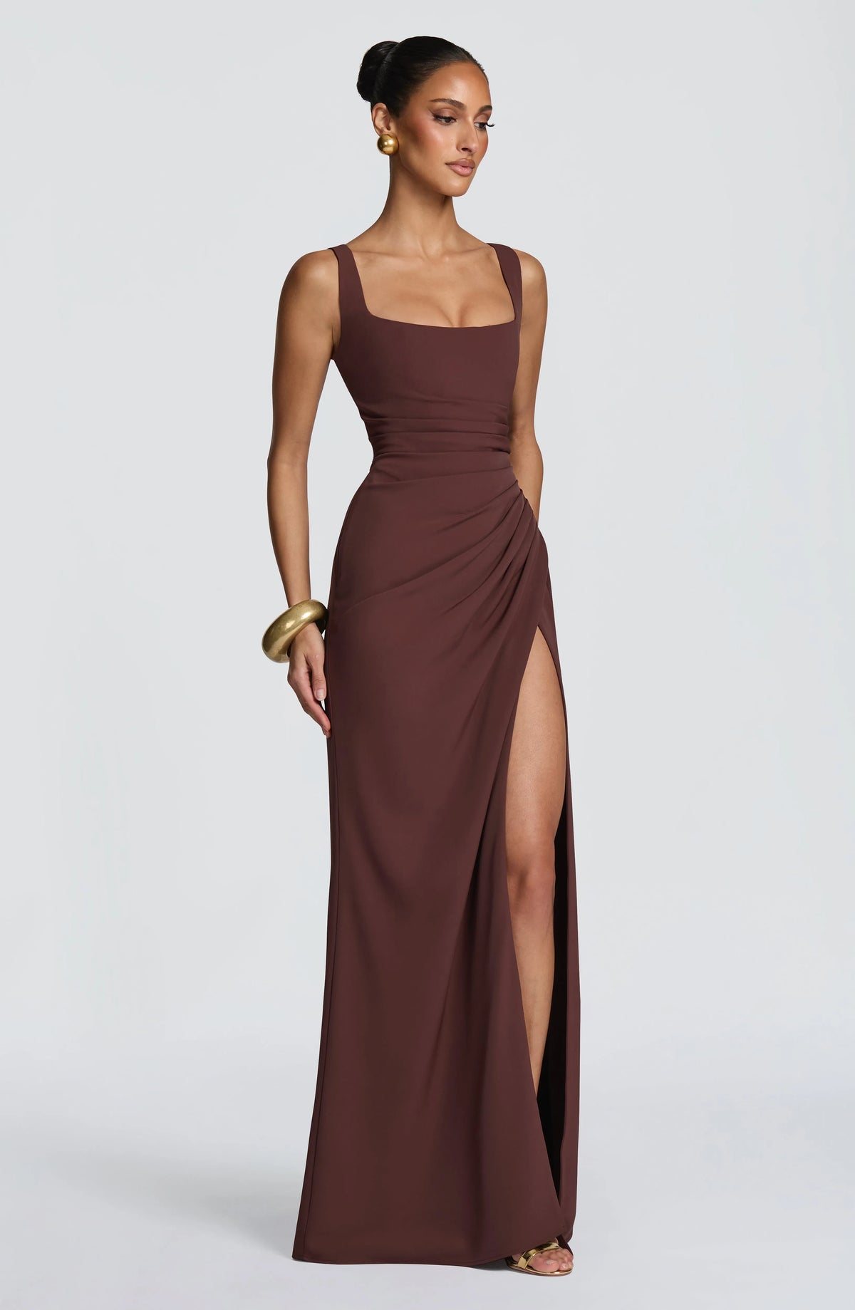 Women's Corset Draped Twill Maxi Dress with High Slit