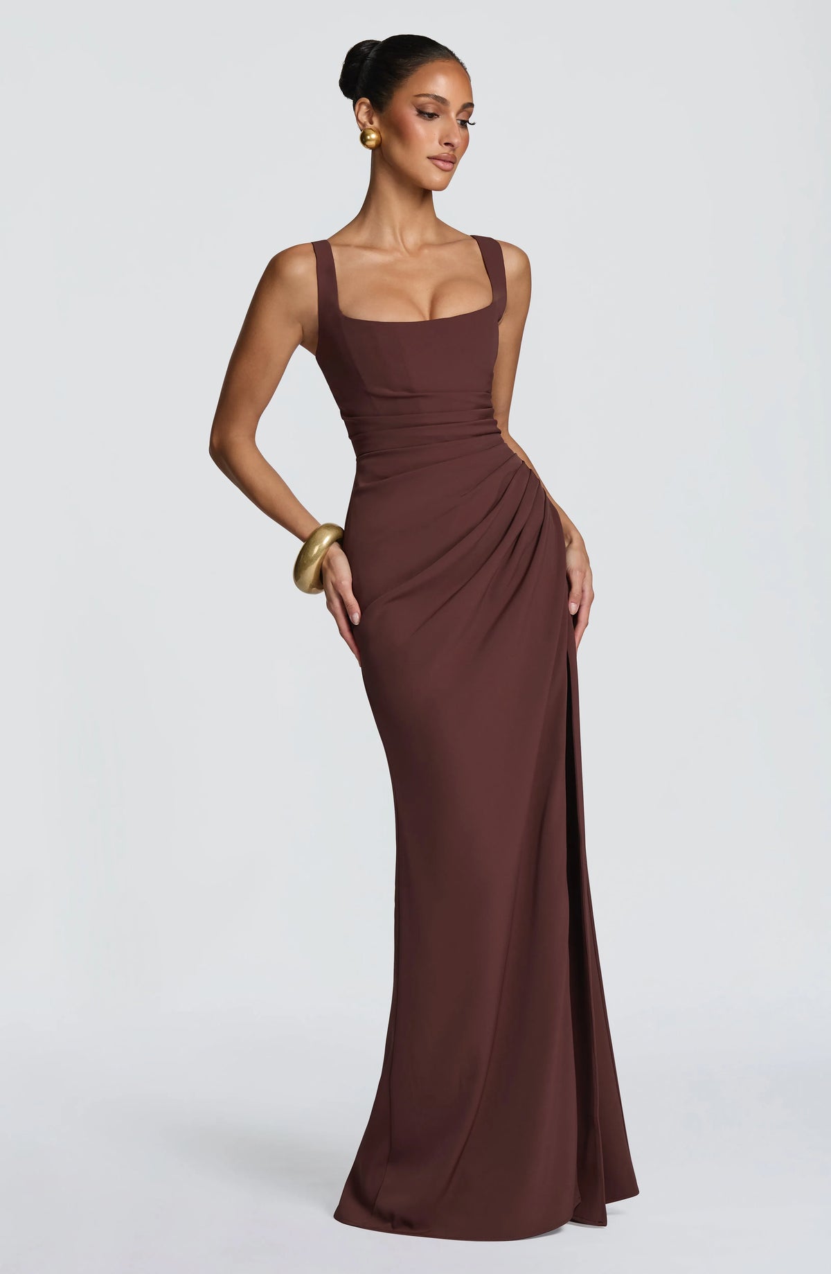 Women's Corset Draped Twill Maxi Dress with High Slit