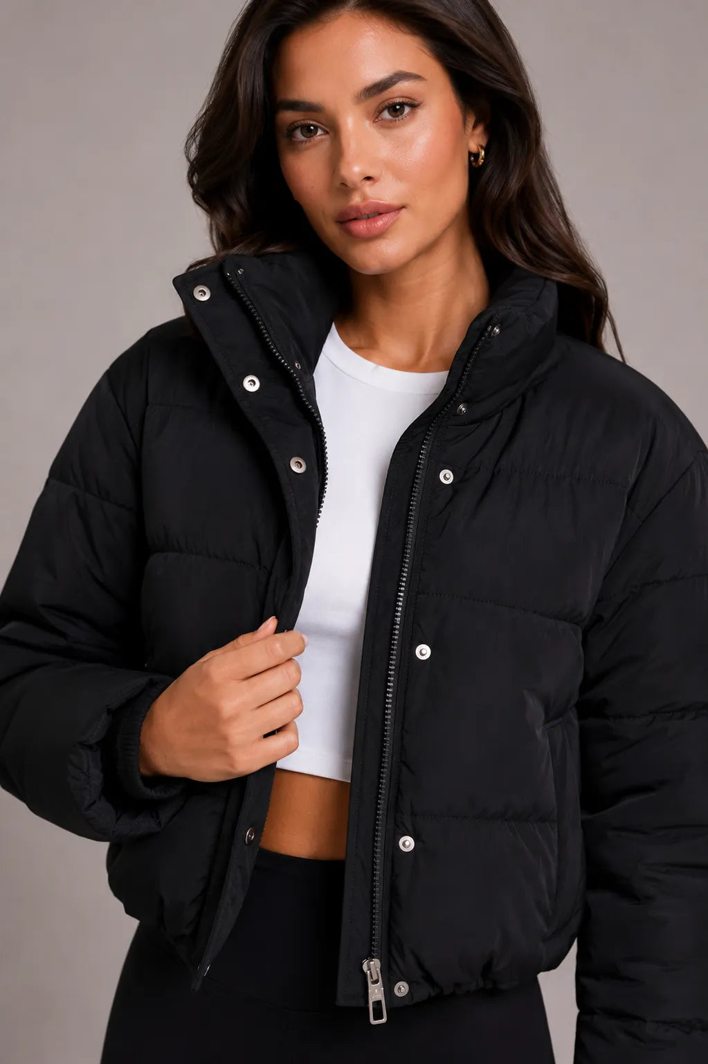 Women's Cropped Quilted Puffer Jacket with Fitted Hood