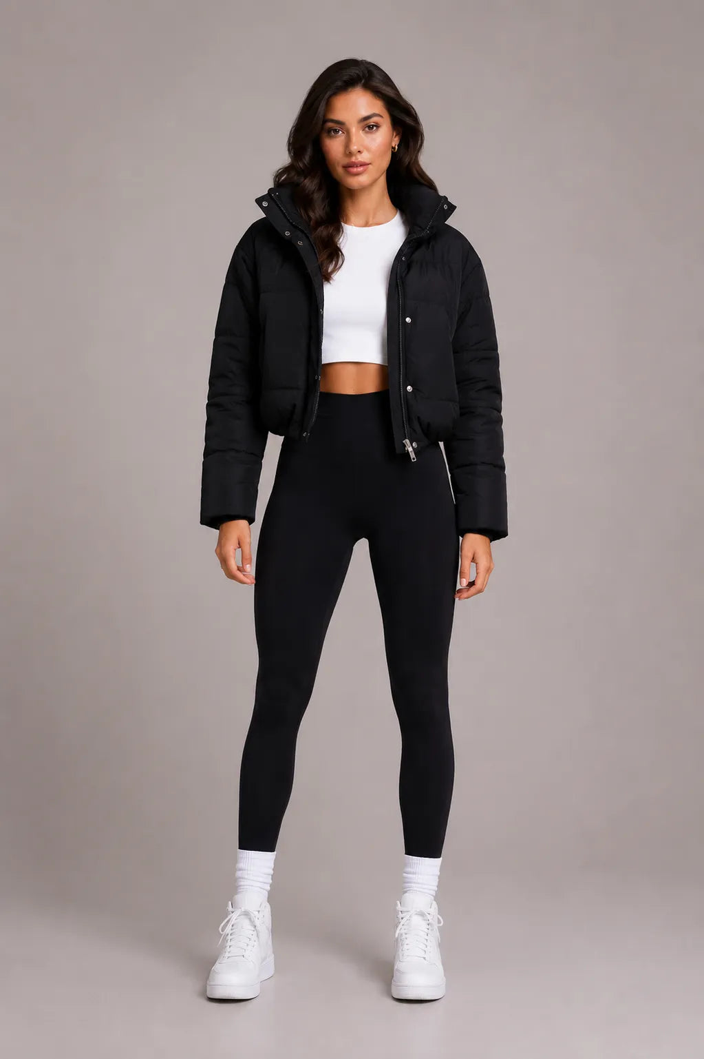 Women's Cropped Quilted Puffer Jacket with Fitted Hood