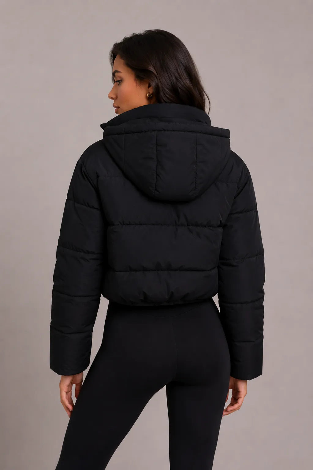 Women's Cropped Quilted Puffer Jacket with Fitted Hood