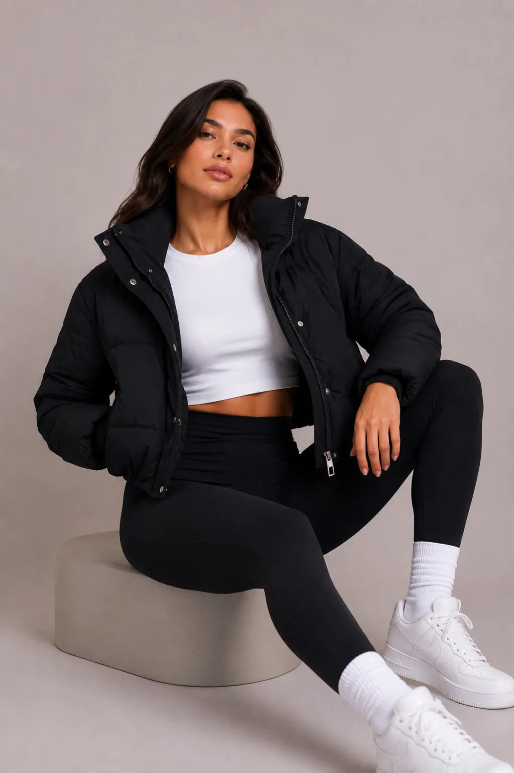 Women's Cropped Quilted Puffer Jacket with Fitted Hood