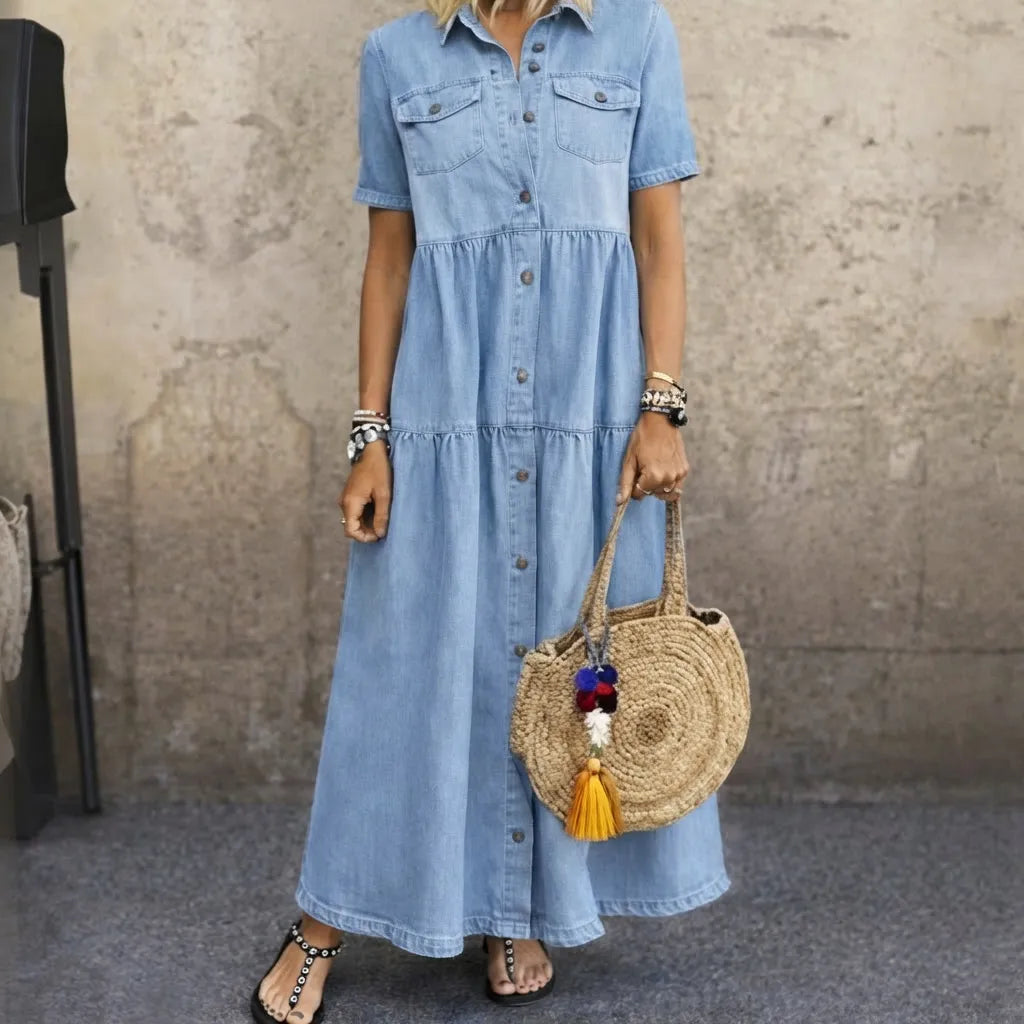 Women's Denim Print Buttoned Midi Dress