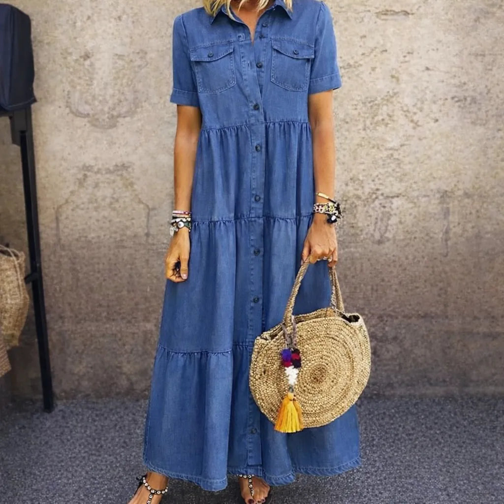 Women's Denim Print Buttoned Midi Dress