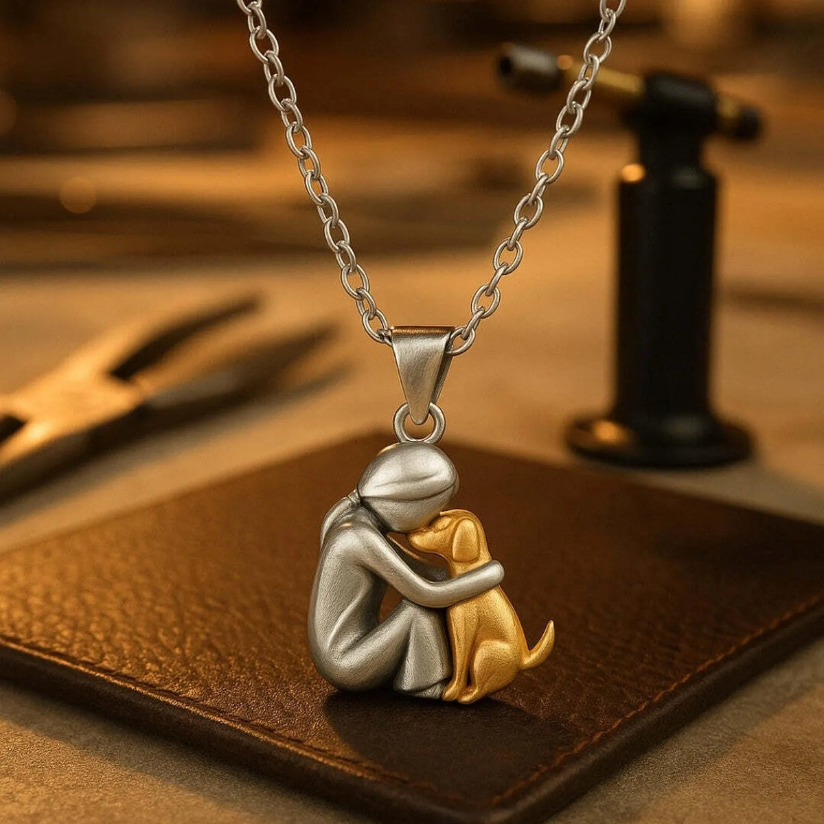 Women's Dog Hug Pendant Necklace with Two-Tone Finish