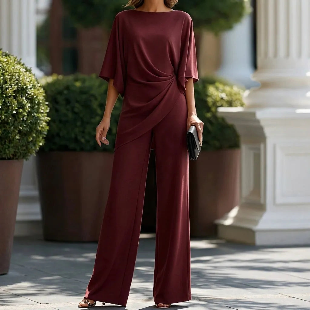 Women's Draped Blouse and Wide-Leg Pants Two-Piece Set