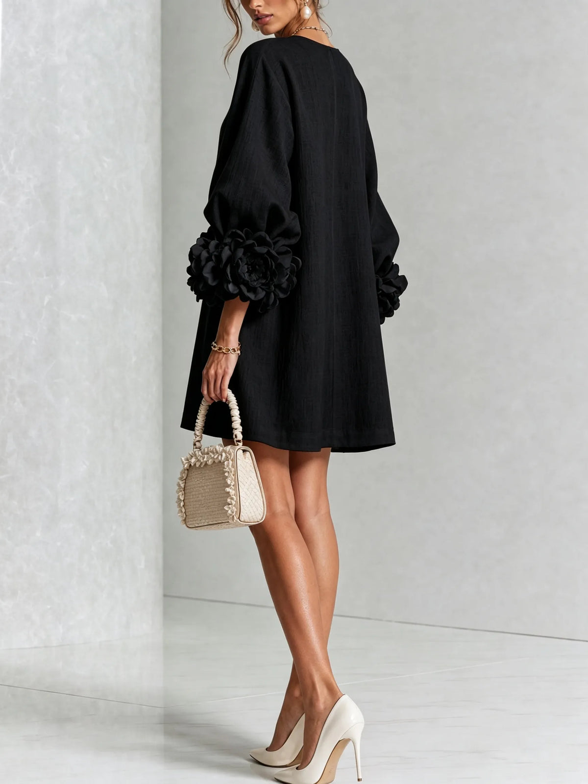 Women's Elegant A-Line Dress with Puff Sleeves