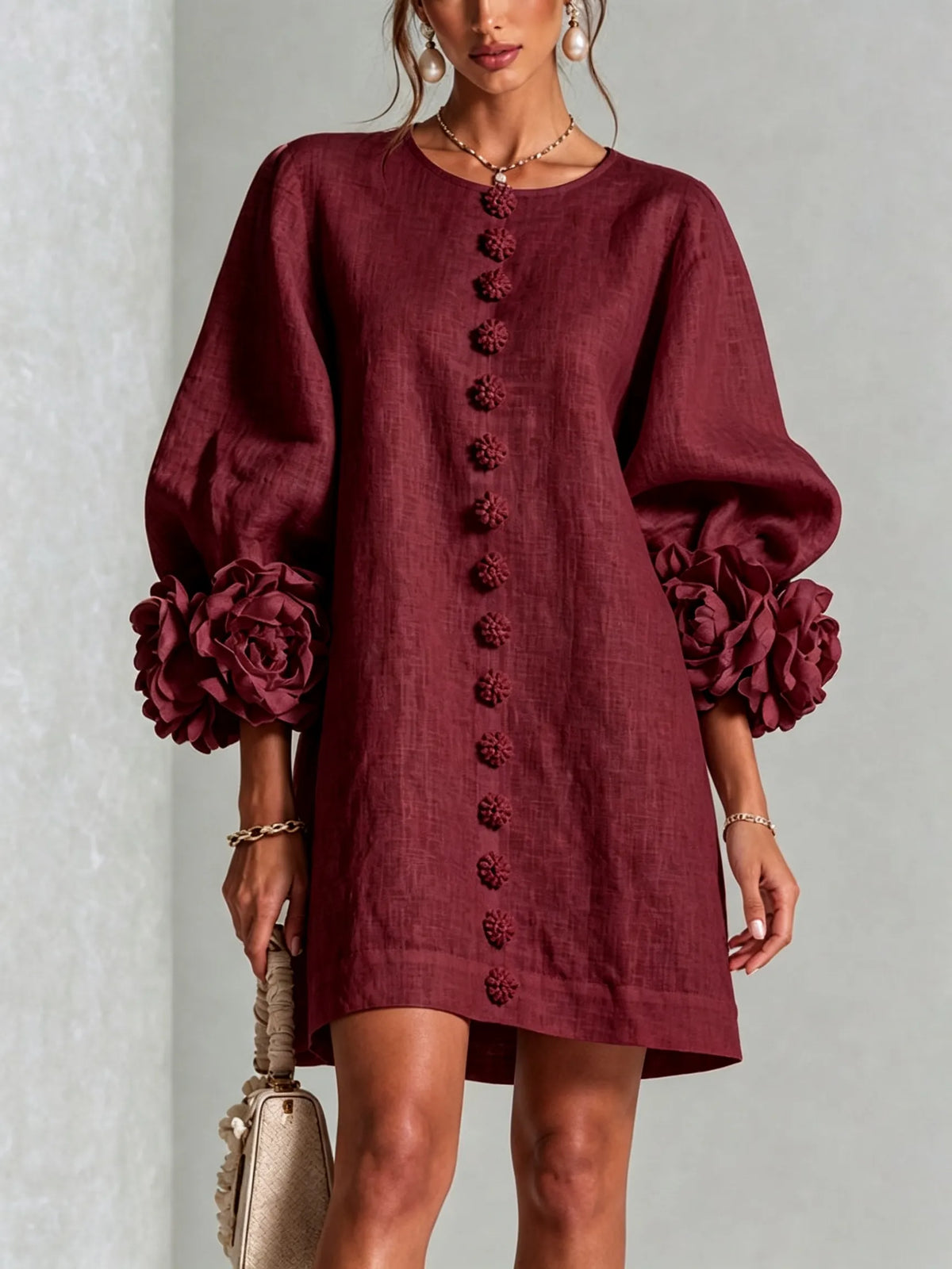 Women's Elegant A-Line Dress with Puff Sleeves