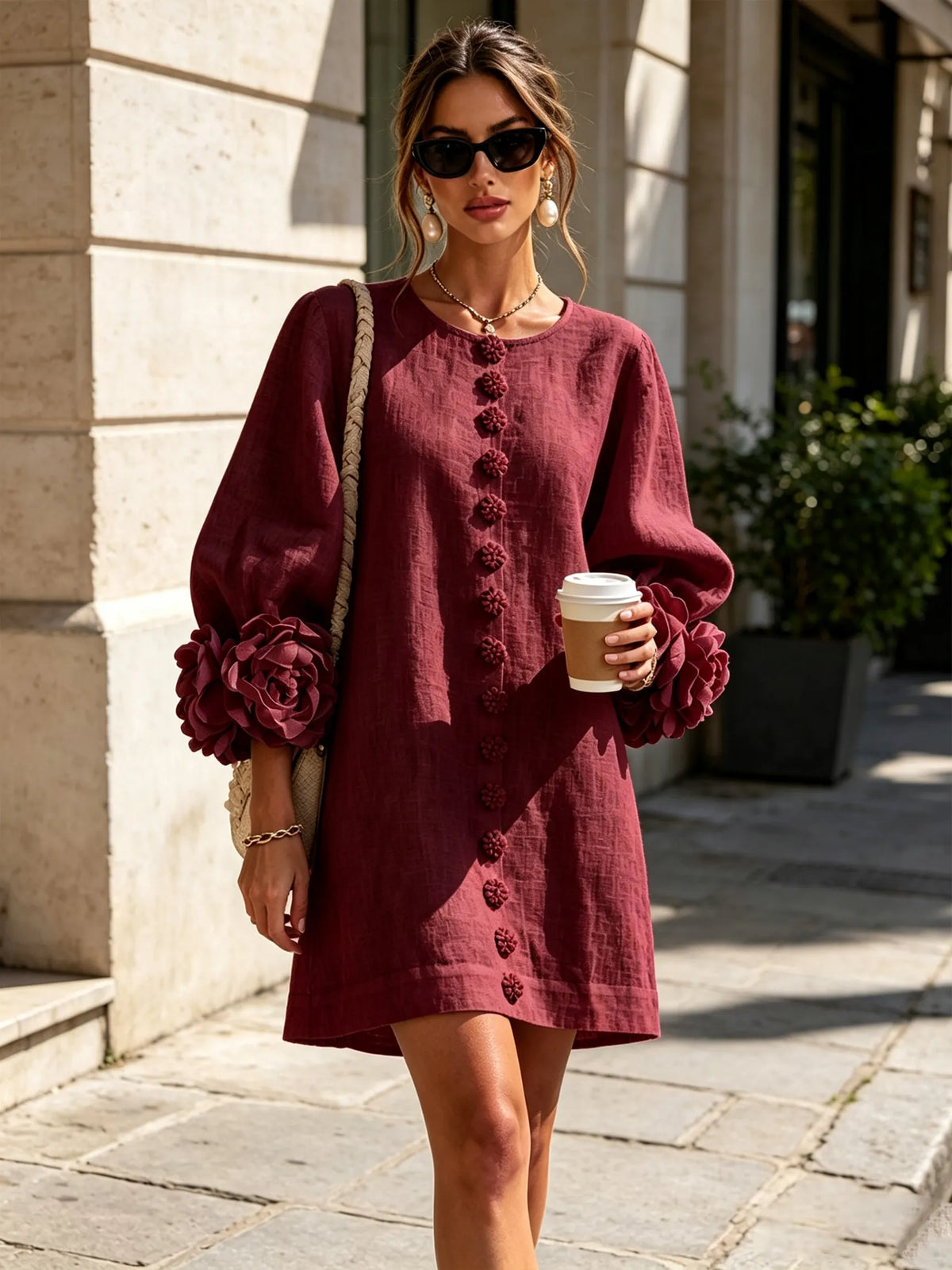 Women's Elegant A-Line Dress with Puff Sleeves