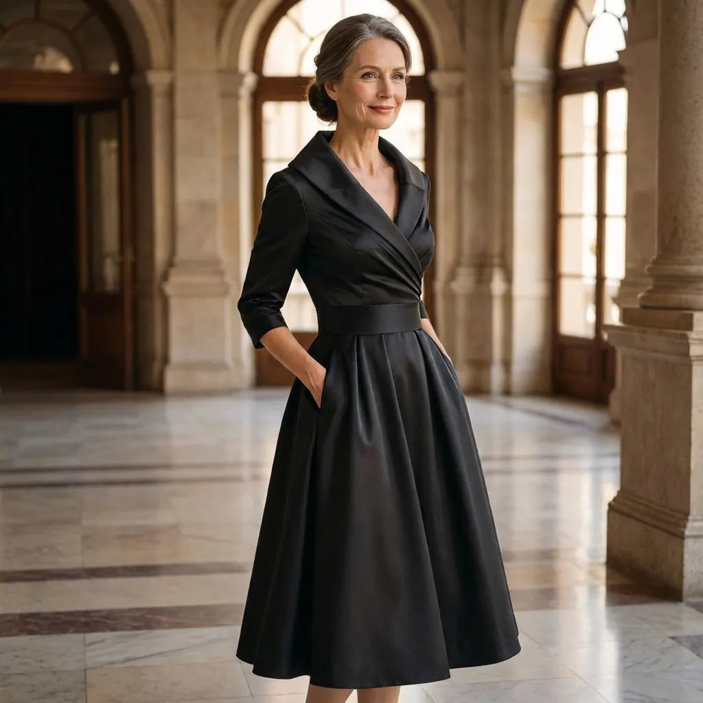 Women's Elegant A-Line Midi Dress with Wrap Bodice