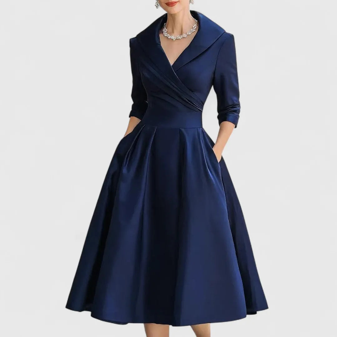 Women's Elegant A-Line Midi Dress with Wrap Bodice
