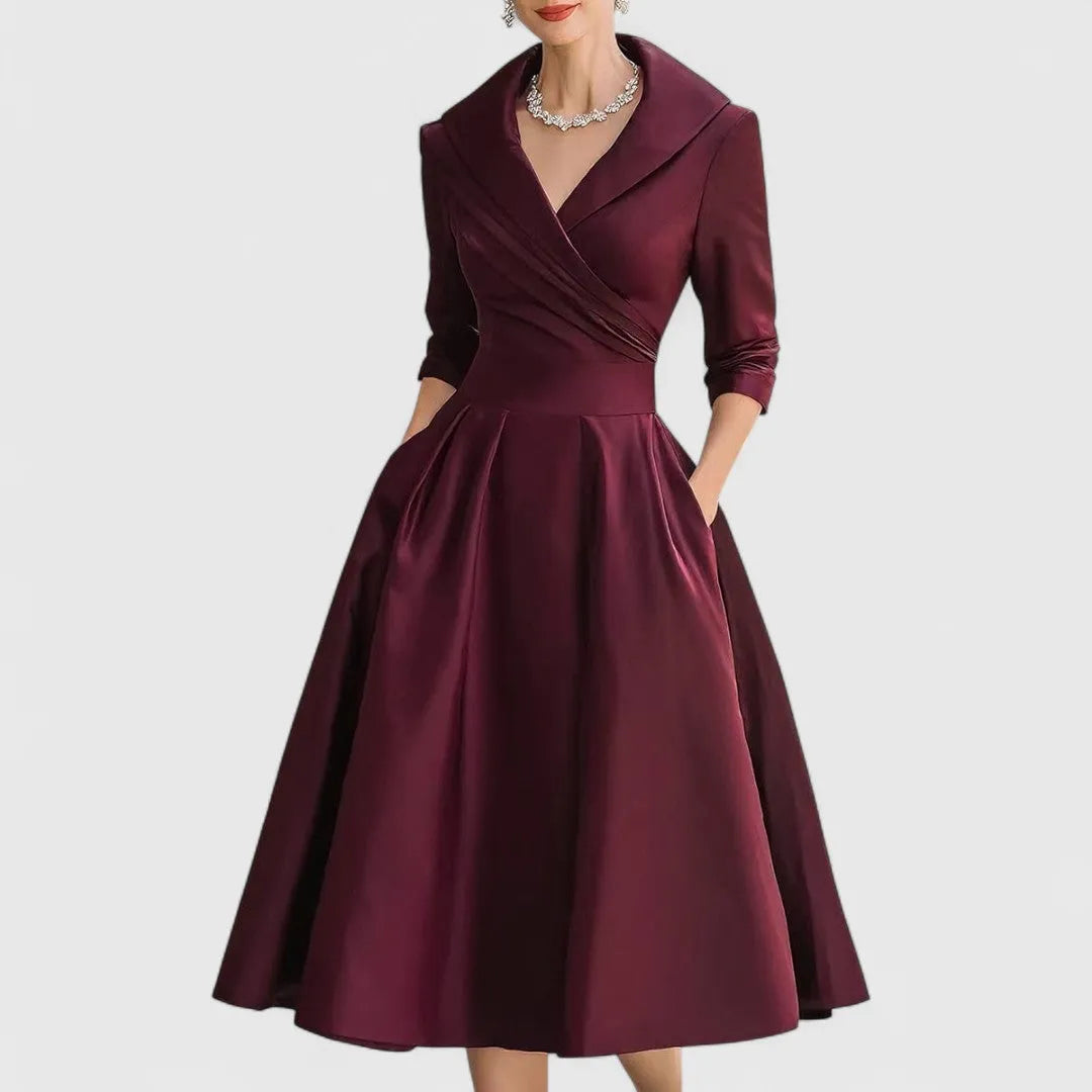 Women's Elegant A-Line Midi Dress with Wrap Bodice