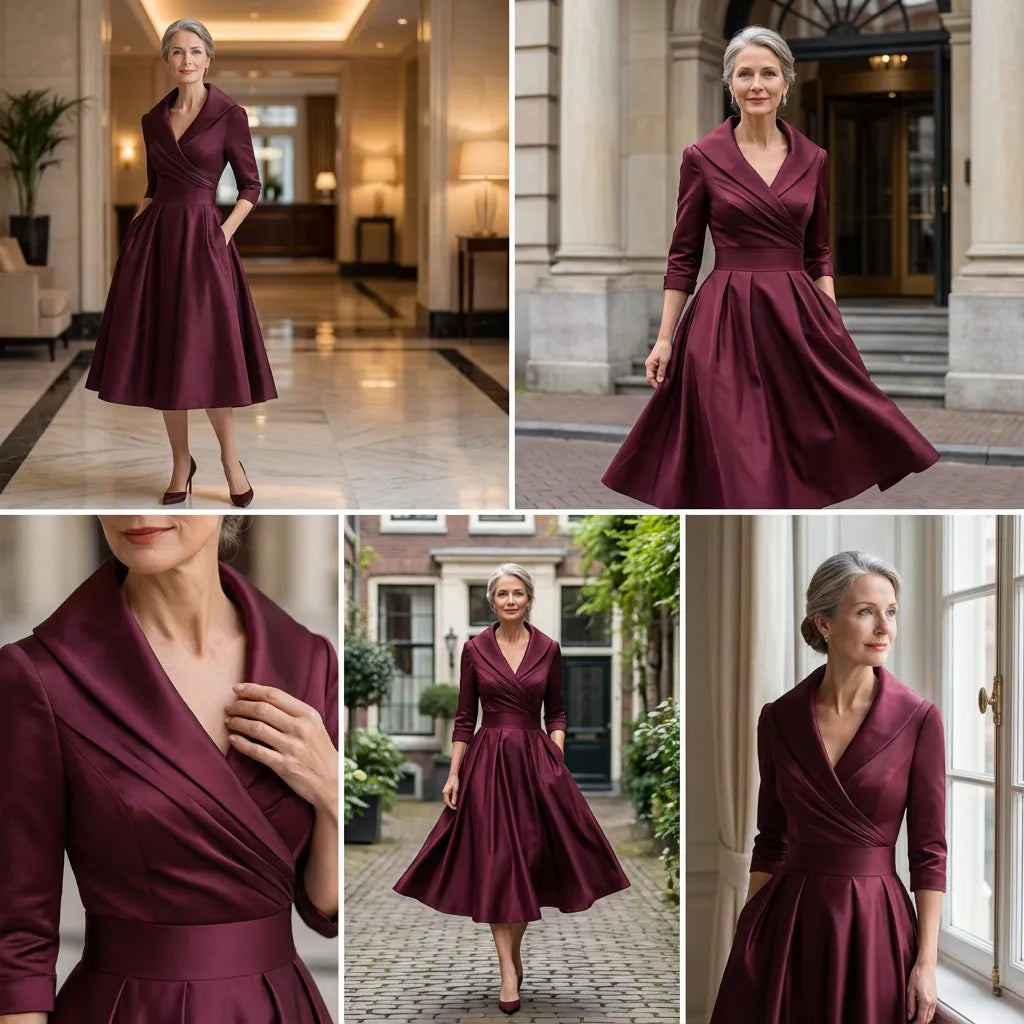 Women's Elegant A-Line Midi Dress with Wrap Bodice